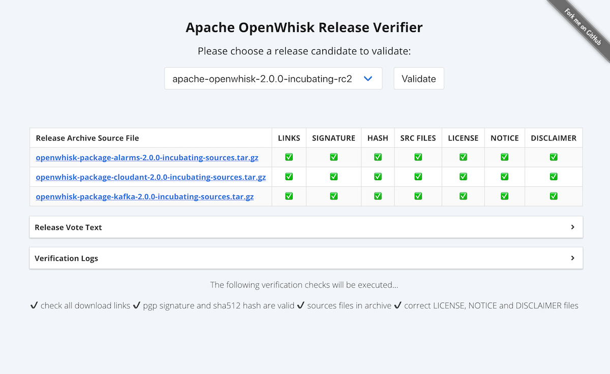 Apache OpenWhisk Release Verifier